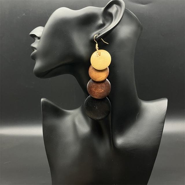 Rasta Pan African Long Wooden Earrings for Women Multilayer Wood Round Disc Dangle Earrings Juneteenth Jewelry Wholesale Rose’Mon Retail