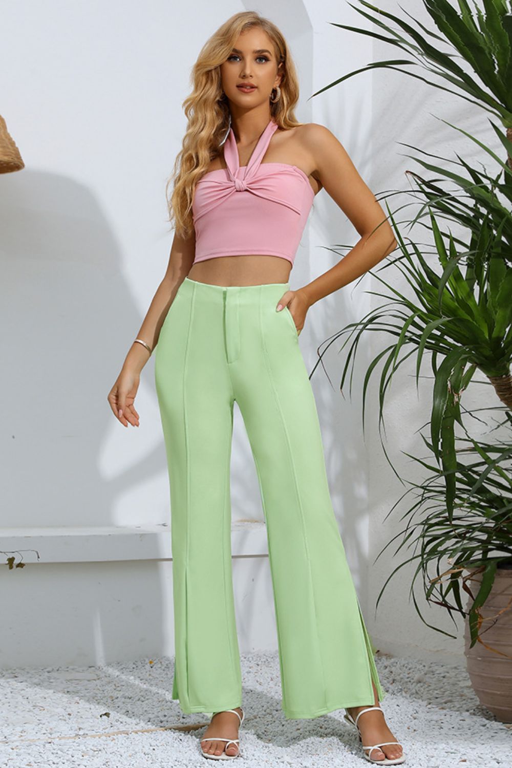 Slit High-Rise Flare Pants Trendsi