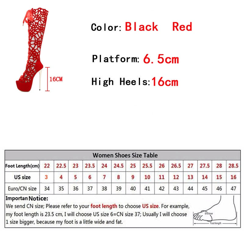 High Heels Sexy Nightclub Hollow Out Over The Knee Boots Women Peep Toe Lace-Up Zip Platform Shoes Sandals