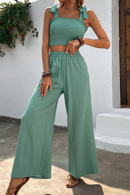 Tie Shoulder Smocked Crop Top and Wide Leg Pants Set Trendsi